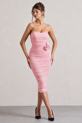 Pink Polka Dot Ruched Mesh Strapless Midi Dress With Corsage